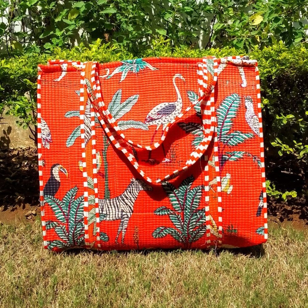 Reusable Quilted Cotton Tote Bag – Hand Screen-Printed Floral Design Orange